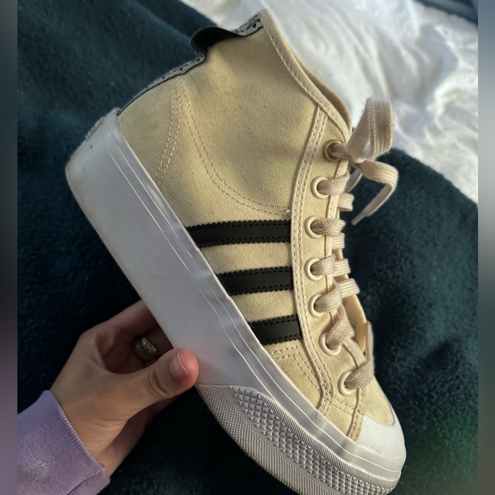Pale yellowish cream high top/platform adidas sneakers. Size 6